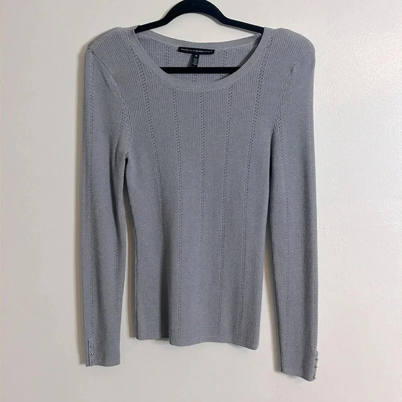 WHBM Gray Long Sleeve Pointelle Knit, Sweater w/ Shoulder Pads Women’s Size M - Picture 7 of 13